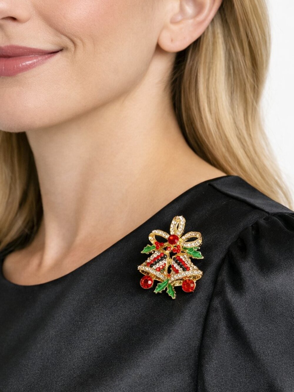 Christmas Bells Brooch Mistletoe Goldtone Red Green Rhinestones 2 Inch High NEW
